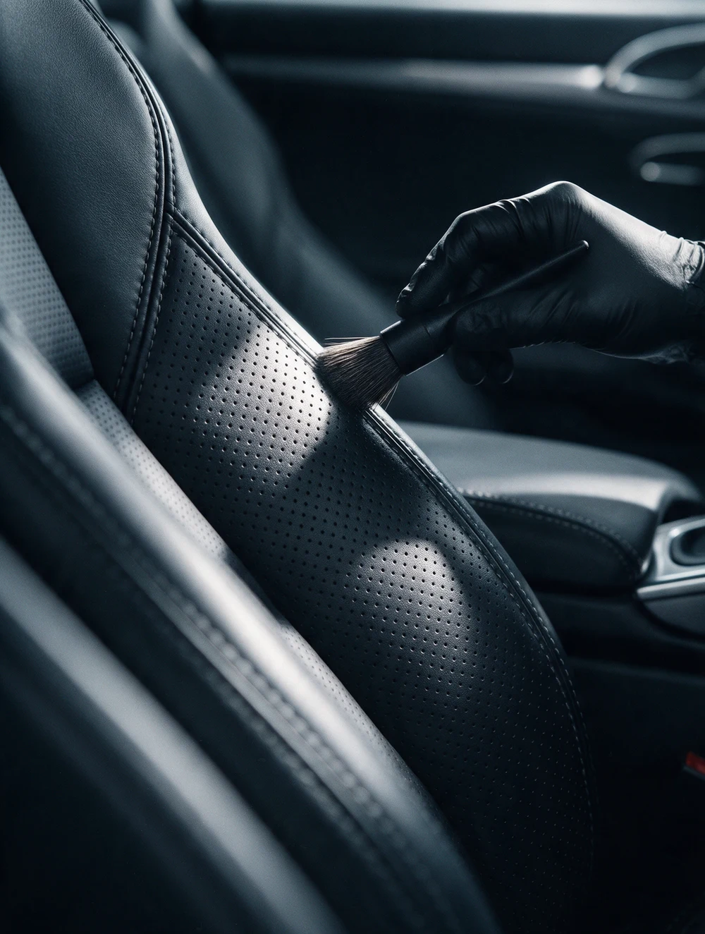 Gentle brush cleaning of black perforated leather