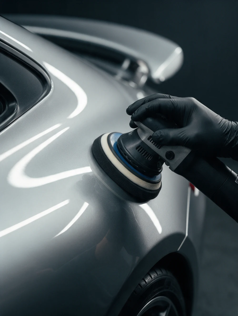 Expert machine polishing of a silver body panel